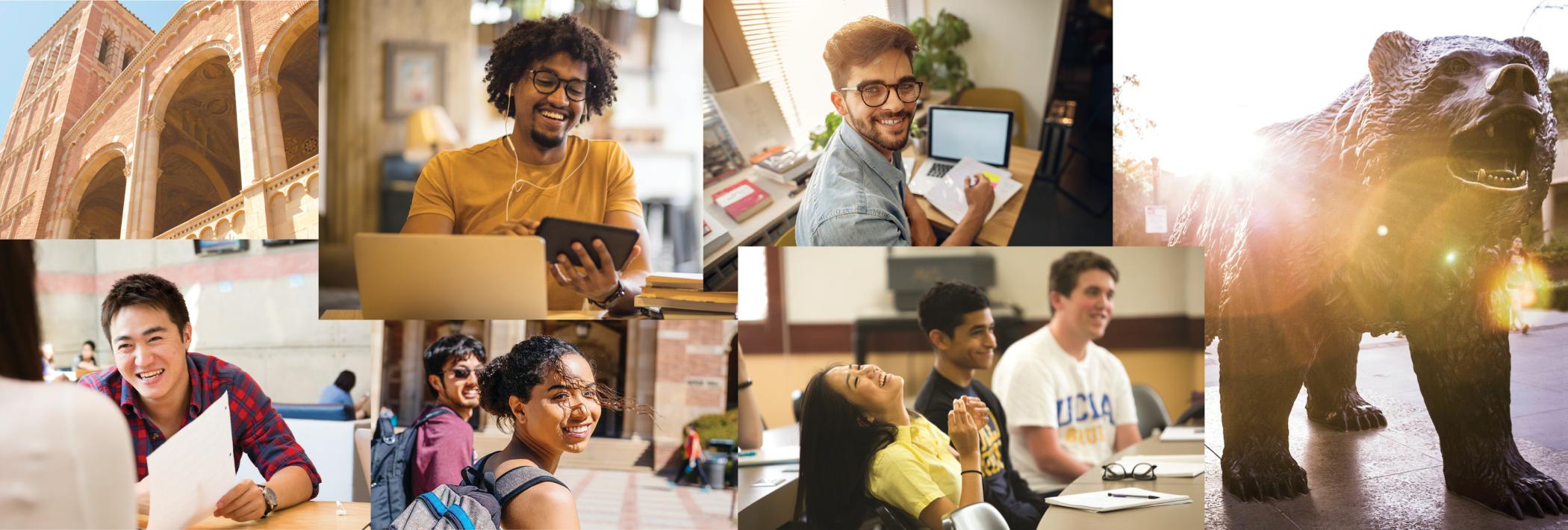 A collage of UCLA students smiling and UCLA campus photos.