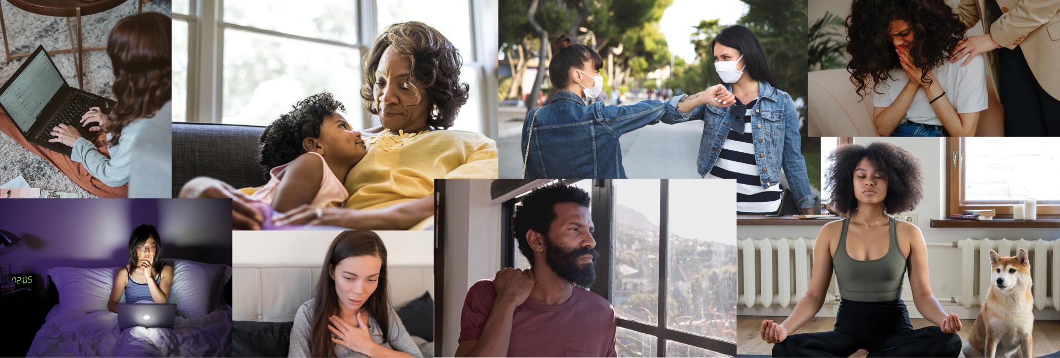A collage of people living everyday lives: exercising, using the computer, socializing. Some look distressed.